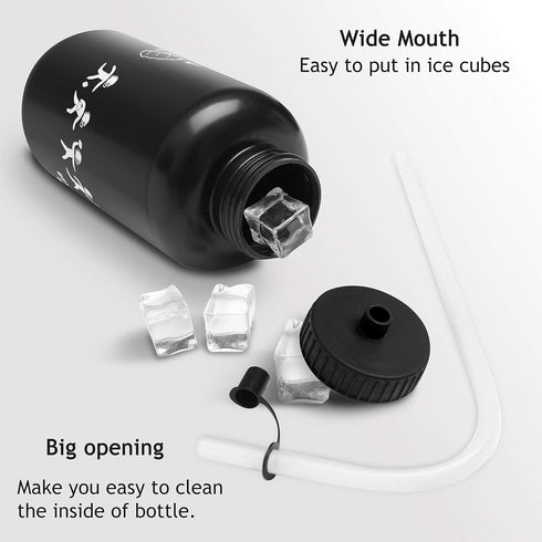 Hockey Water Bottles with Long Straw - 1 Liter 32 oz, Plastic Squeezable, Leakproof, BPA Free (Black)