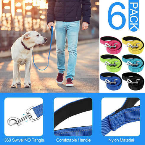 6 Pack Nylon Dog Leash Bulk - 5 ft Heavy Duty Training Leashes for Medium and Large Dogs, Padded Handle