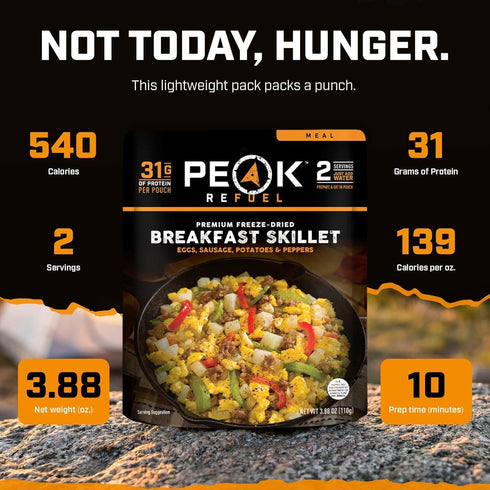 2-Pack Backpacking, 2 Peak Refuel Breakfast Skillet | Freeze Dried Camping & Emergency Prep Food | Servings Per Pouch