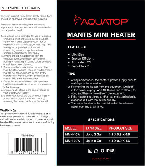 Aquatop 30W Mantis Mini Aquarium Heater, Fully Submersible for Nano Fish Tanks Up to 10 Gallons, Electric Thermostat