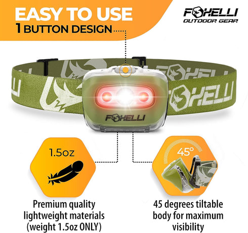 Foxelli LED Headlamp Flashlight for Adults & Kids, Running, Camping, Hiking with White & Red Light, Waterproof