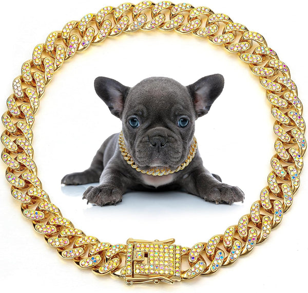LEIFIDE Dog Chain Collar - Diamond Link Dog Necklace, 12 mm Wide, Metal Cat Chain for Small to Large Dogs, Gold
