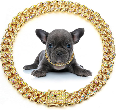 LEIFIDE Dog Chain Collar - Diamond Link 12 mm Wide Dog Necklace, Metal Cat Chain Pet Crystal Jewelry for Small Medium
