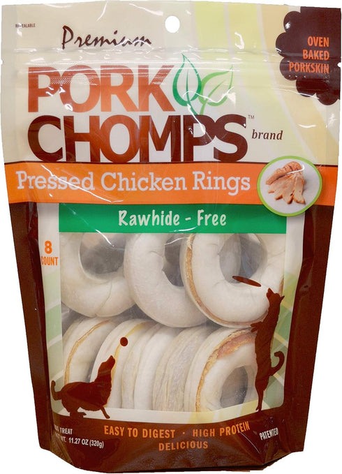 Pork Chomps Pressed Pork Skin Dog Chews, 2.5-inch Rings, Real Chicken, 8 Count