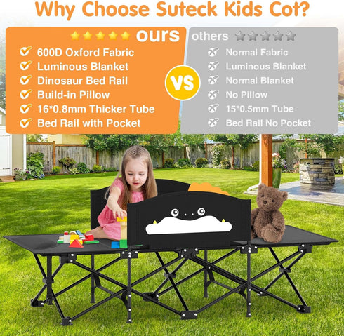 Suteck Kids Camping Cot, Comfortable Toddler Cot Bed Easy to Store and Use, Portable Sleeping Cot with Guardrail