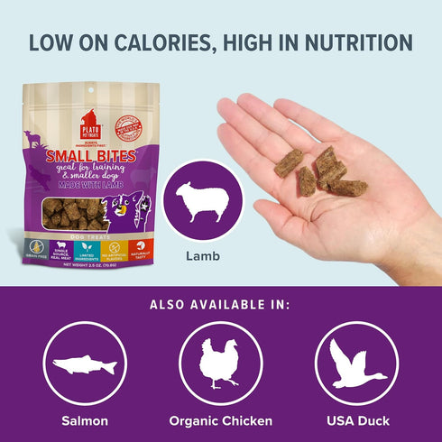 PLATO Pet Treats Air Dried Small Bites Dog Treats, Natural Real Meat & Lamb, 2.5oz, Grain Free & High Protein