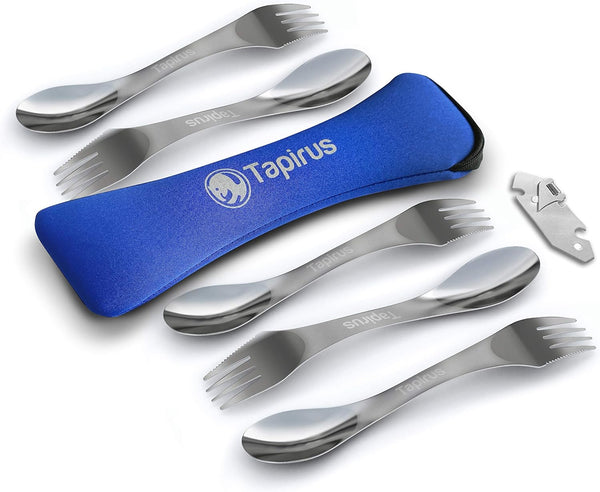 Tapirus 5 Spork Set of Steel Utensils | Durable Rust Proof Stainless Steel | Spoon, Fork, Knife, Carrying Case