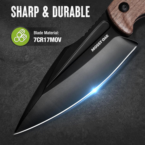 Mossy Oak Fixed Blade Knife with Sheath, Full-tang Stainless Steel Blade, Outdoor Knives for Camping, Hiking (Wood