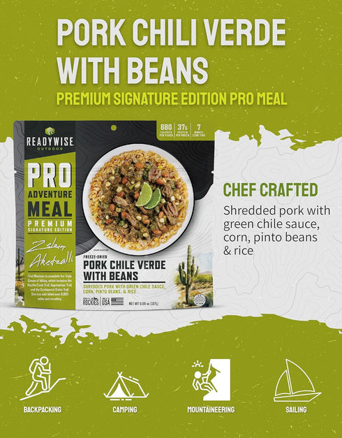 2 1 680 37g 5 ReadyWise Outdoor Pro Adventure Meal - Pork Chile Verde with Beans, Servings, Pouch, Gluten Free