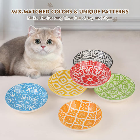 Ceramic Cat Food Bowl Set, Wide Shallow Bowls for Relief Whisker Fatigue, Colorful Flat Cat Dish, Microwave Safe
