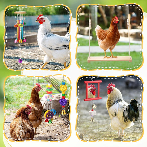 6 Soulchen Pieces Chicken Toys for Coop Chicken Wind Chime Enrichment Toys Kits Chick Mirror with Bells Swing Hanging