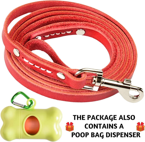 ADITYNA Premium Leather Dog Leash - 6 ft, Heavy-Duty, Soft & Strong for Small/Medium Dogs (Red, 6 ft x 1/2")