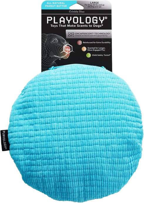Playology Plush Crinkle Disc Dog Toy - Engaging Peanut Butter Scented Toy for Large Dogs (35lbs & up), Easy to Clean