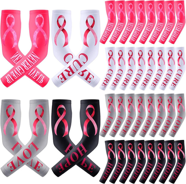 Xtinmee 20 Pairs Breast Cancer Awareness Compression Arm Sleeves, Pink Ribbon Cooling Arm Sleeves for Adult Youth