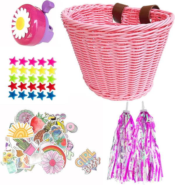 Girls Bike Decorations Accessories Kit, Kids Bike Basket Hand Woven Bicycle Basket, Child Bike Wheel Spoke Beads, Bike