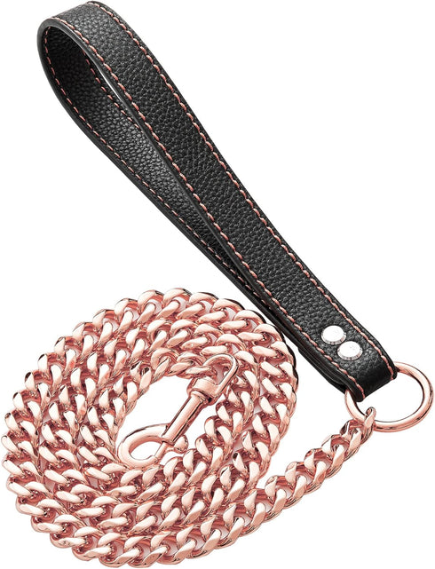 Dog Chain Leash - Rose Gold 15MM Heavy Duty with Leather Padded Handle, 5ft Length for Small Dogs
