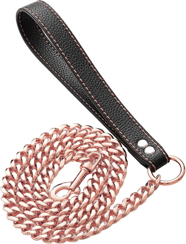 Dog Chain Leash - Rose Gold 15MM Heavy Duty with Leather Padded Handle, 5ft Length for Small Dogs