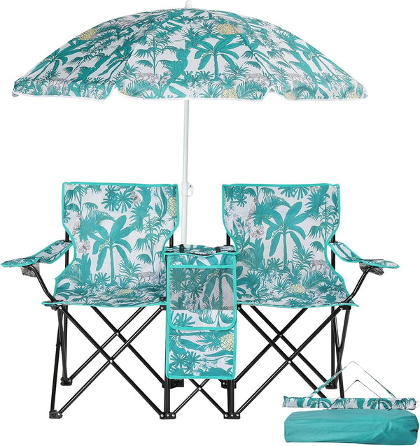 Double Camping Chair with Removable Umbrella Canopy, 2 Person Folding Loveseat Portable