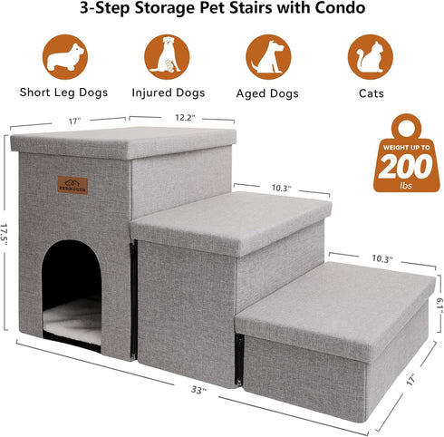 Dog Stairs for High Beds, Folding Pet Stairs with Storage, 3 Steps for Small Medium Dogs, Smok Grey, Holds 200 lbs