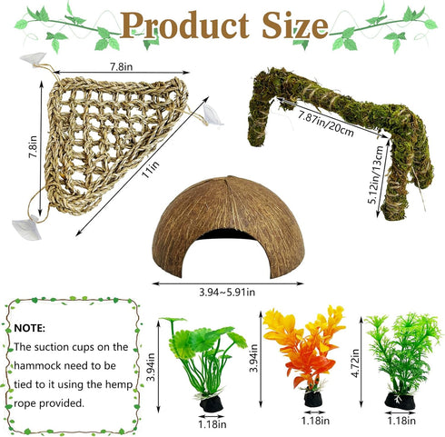 6 PCS Hermit Crab Climbing Toys Large Bendable Moss Hermit Crab Climbing Toys Coconut Hideout Hut Plants with Suction