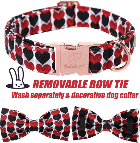 Valentine's Day Adjustable Dog Collar for Small Dogs with Bow Tie, Red&Black Love Heart Collar for Medium Large Dogs,