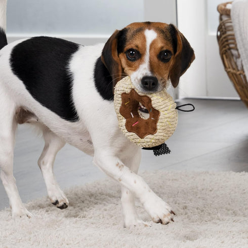Tough 'N Fun Donut Plush Dog Toy - Tan, Small, Squeaky with Chew Guard Technology (71148)