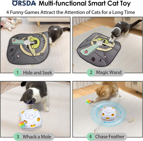 ORSDA Cat Toys, 4in 1 Interactive Automatic Indoor Cats Toy with 8 Holes Mice Whack-A-Mole, Hide and Seek Smart Motion