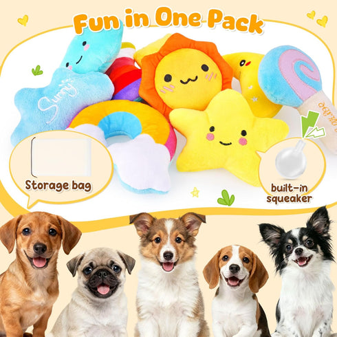 Pack 9 KIPRITII Whimsical Squeaky Dog Toys for Small Dogs & Puppies Plush Toys with Storage Bag, Pcs Stuffed Puppy Chew