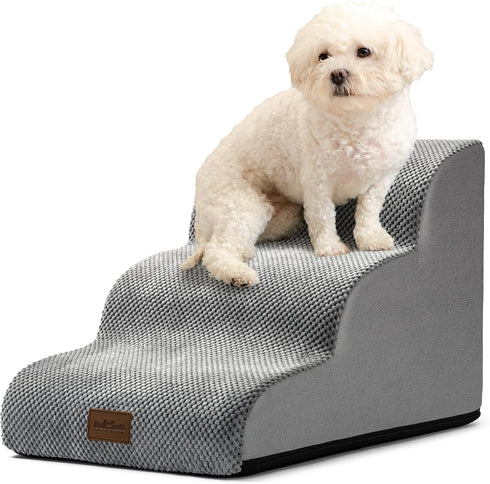 Dog Stairs for Couch or Low Bed, Small Dogs Ramp with Leakproof Fabric Cover, Non-Slip Foam Pet Steps, Grey, 3 Tiers