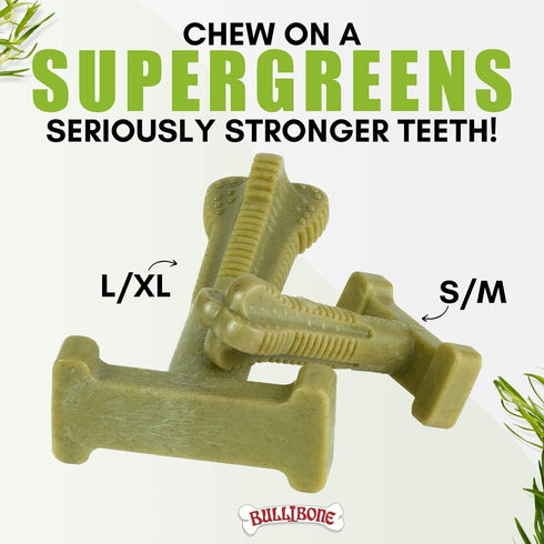 Bullibone SuperBrush: Long Lasting Dog Teeth Cleaning Toothbrush Stick - Super Greens Chew Toy for Oral Care