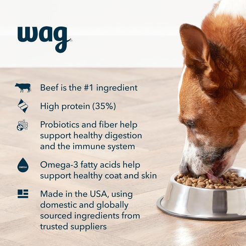 (24 lb Amazon Brand - Wag Dry Dog Food Grain-Free Beef & Lentil Recipe, High Protein bag)