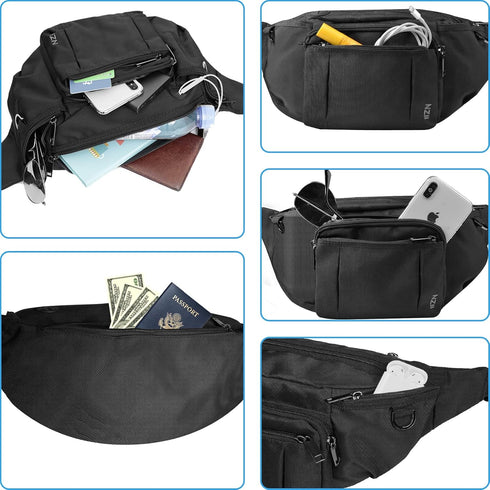Sports Fanny Pack for Men Women - Outdoor Waist Pack Bag with 6 Zipper Pockets, Adjustable Belt for Traveling