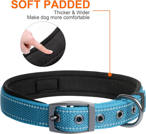 Fida Heavy Duty Dog Collar, Ultra Comfortable Soft Neoprene Padded Adjustable Reflective Nylon for Medium Breeds, Blue,