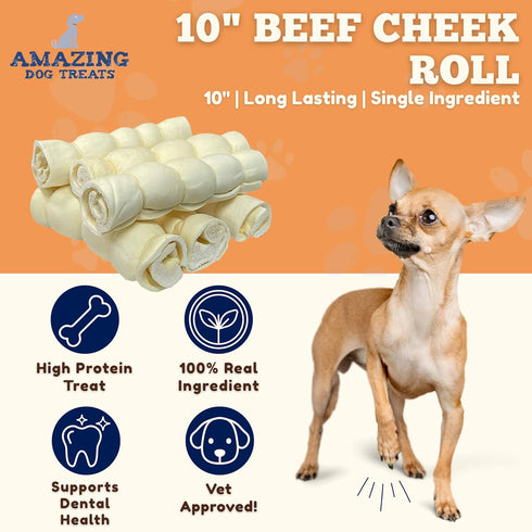 10" 3 Amazing Dog Treats - Beef Cheek Rolls (Mega Thick - Pcs) - Safe Rawhide Alternative Dog Chew - Great for Power