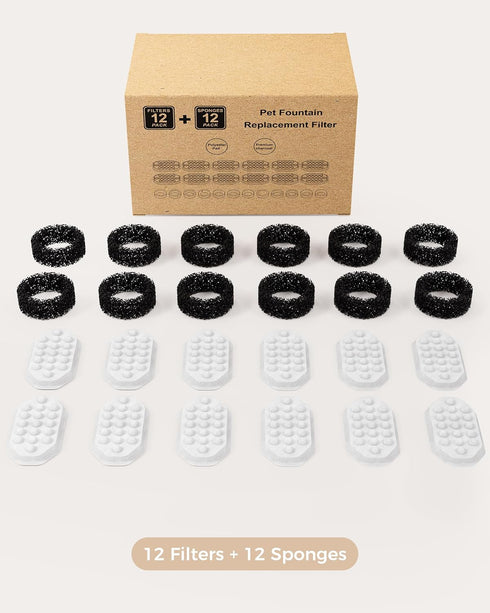 12 Pack 108oz/3.2 Neareal Official Cat Water Fountain Replacement Filters & Pre-Filter Sponges for Stainless Steel Pet