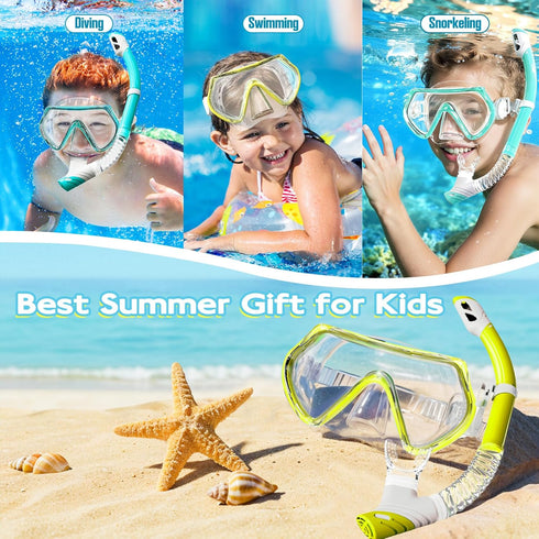 ZipAura 2 Sets 3-14, 180 Set, Swimming Kids Snorkeling Gear for Ages Anti-Fog Clear View Dry Top Snorkel Mask with Nose