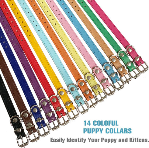 Adjustable ID Puppy Collars for Litter, 14 Color Leather Collars for Small, Medium, Large Breed Dogs, Neck 6~13 Inches