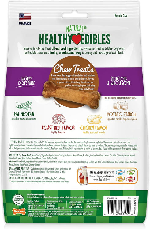 Nylabone Healthy Edibles Natural Dog Chews, Long Lasting Roast Beef & Chicken Flavor Treats for Small/Regular Dogs (12