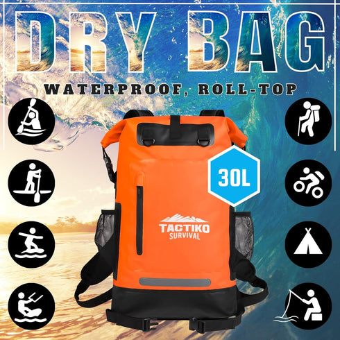 TACTIKO 30L Heavy-Duty 100% Waterproof Backpack with Carabiner, 500D Ripstop Tarpaulin for Kayaking, Hiking