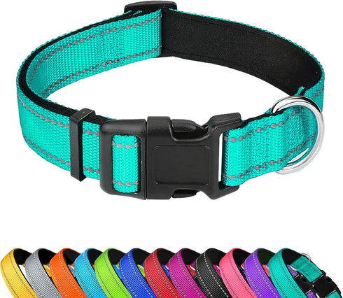 Reflective Dog Collar, Adjustable Soft Neoprene Padded Nylon Pet Collars with Buckle for Large Dogs, Teal (L)