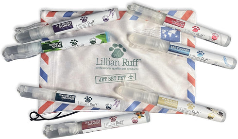 Lillian Ruff Travel Kit for Dogs, Deodorizing Waterless Dog Shampoo x4, Dog Breath Freshener, Detangler Spray, Ear