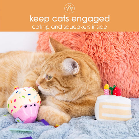 Set, Set 2 Pearhead Happy Birthday Cake Cat Toy Stuffed Birthday Cake and Cupcake Cat Toys with Catnip and Squeakers
