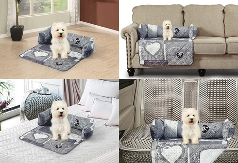 Brilliant Sunshine Grey Heart Love Patchwork Pet Sofa Bed, Quilted, Washable Couch Protector with Removable Bolster,