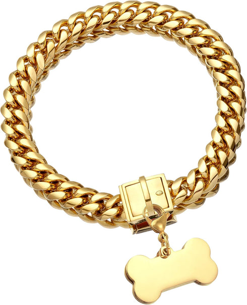 Jewelry Kingdom Gold Dog Chain Collar with ID Tag - 18K Stainless Steel Cuban Link (15MM, 26")