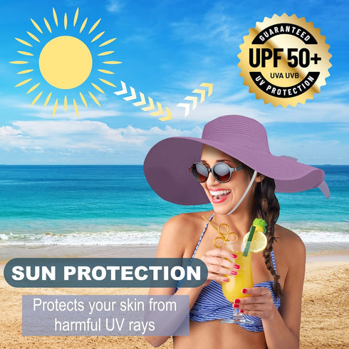 Straw Sun Hat for Women, Wide Brim UPF 50+ UV Protection Cap with Bow, Packable Beach Hat