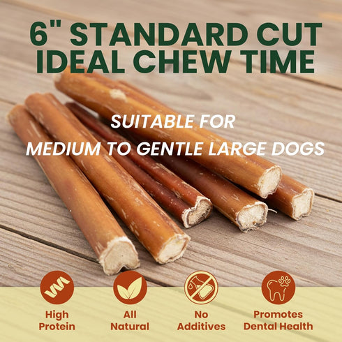 25 Pack 6 Inch 100% Standard Bully Sticks for Medium to Large Dogs Beef Pizzle, Single Ingredient Rawhide-Free Dental