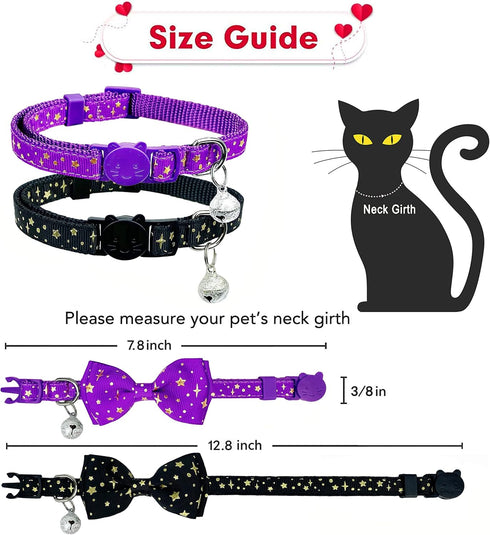 2 Pack Cat Collar with Bow Tie and Bell, Breakaway Starshine Collar for Male Female Cats (Black+Purple)