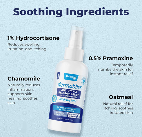 Vetnique Dermabliss Anti Itch Spray for Dogs & Cats, Hydrocortisone for Allergies, Fragrance Free, 4oz