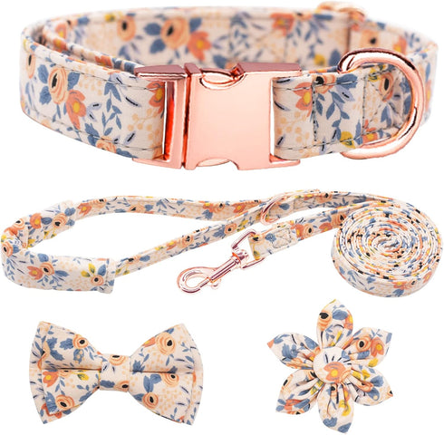 Adjustable Dog Collar and Leash Set for Girls, Floral Bow Tie for Small, Medium, Large Female Dogs, Orange Flower, XS