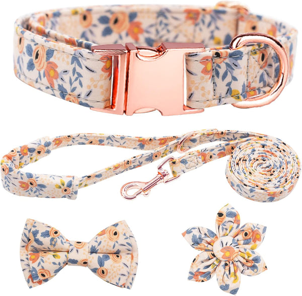 Adjustable Dog Collar and Leash Set for Girls, Floral Bow Tie for Small, Medium, Large Female Dogs, Orange Flower, XS